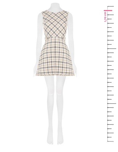 Korte trapeziumjurk van tweed met RR-logoknopen en rafelige zoom van Rinascimento