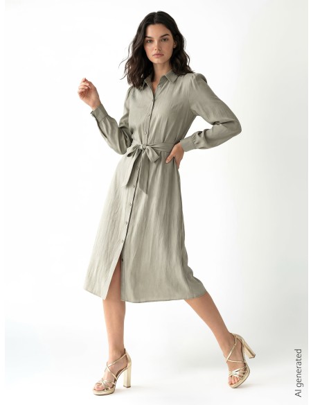 Robe-chemise midi en tissu léger mélangé de viscose avec ceinture assortie Rinascimento