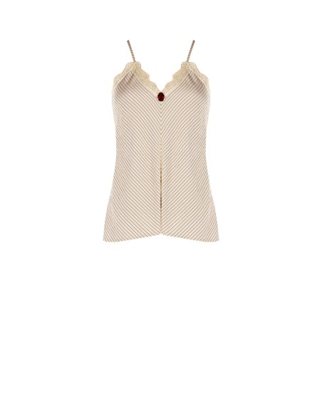Top cintré en mélange de viscose à effet légèrement froissé, avec rose appliquée et dentelle Renaissance