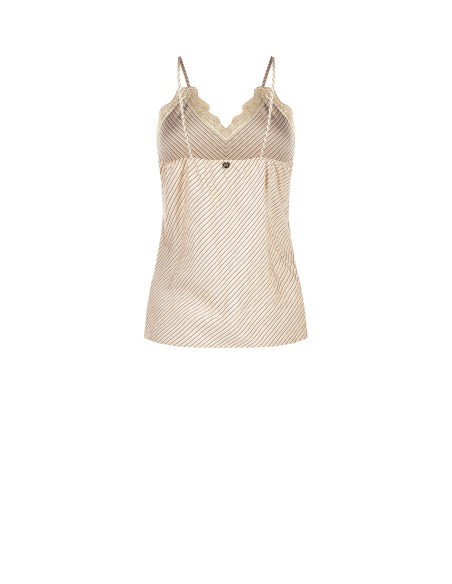 Top cintré en mélange de viscose à effet légèrement froissé, avec rose appliquée et dentelle Renaissance