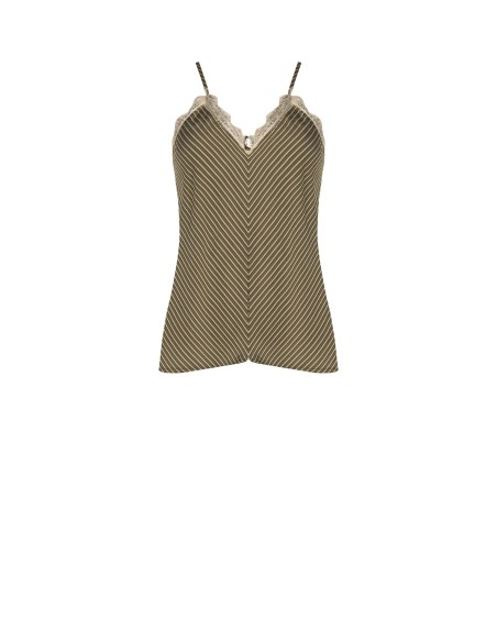 Top cintré en mélange de viscose à effet légèrement froissé, avec rose appliquée et dentelle Renaissance