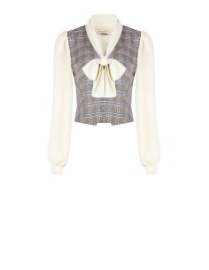 Blouse-gilet in prince-de-gallesruit met mouwen en kraag van georgette Rinascimento 2