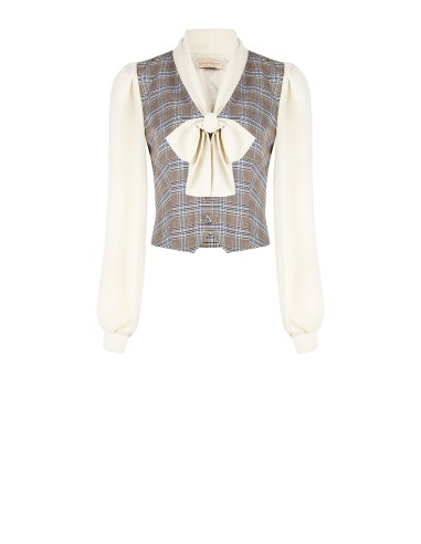 Blouse-gilet in prince-de-gallesruit met mouwen en kraag van georgette Rinascimento