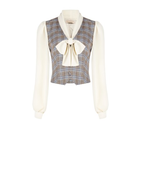 Blouse façon gilet à motif prince-de-galles avec manches et col en georgette Rinascimento