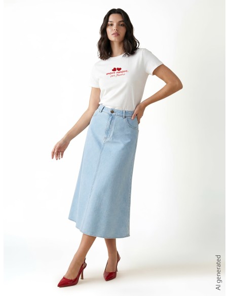Jupe longue trapèze en denim délavé clair Rinascimento