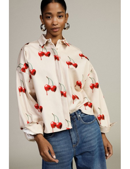 Dixie blouse met kersenprint en lange mouwen