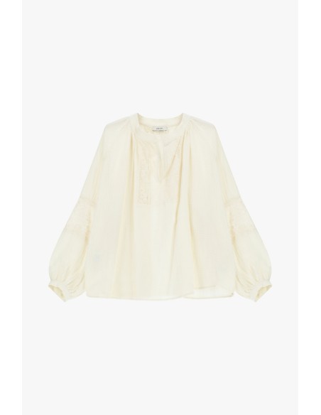 Dixie Wide Blouse with Embroidery and Curled Sleeves (Chemisier large à broderies et manches bouclées)