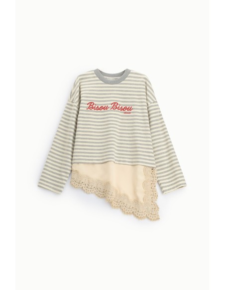 T-shirt rayé avec lettrage et empiècement en dentelle Dixie