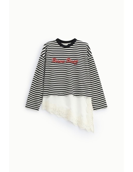 Gestreept T-shirt met asymmetrische details en kanten boord Dixie
