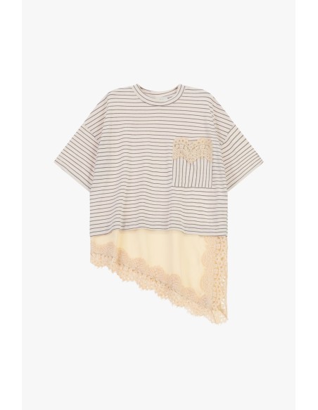 T-shirt rayé avec poche et bordure en dentelle Dixie