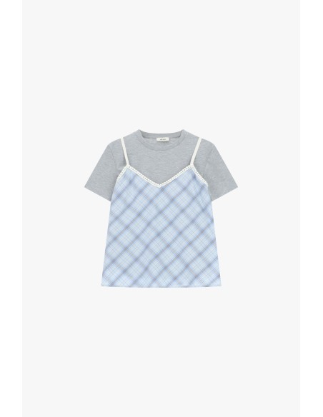 T-Shirt à manches courtes avec empiècement à carreaux et bordure contrastée Dixie