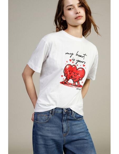 T-Shirt Heart Print Regular Fit Crew Neck Dixie