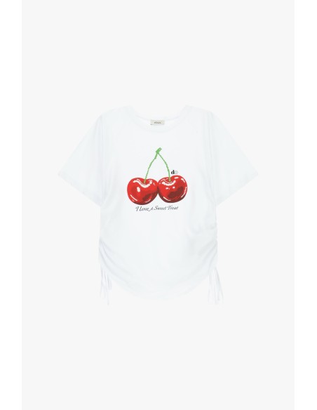 Dixie T-shirt met korte mouwen, kersenprint en zijtrekkoord