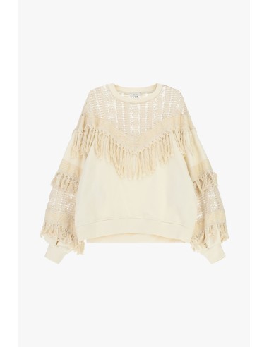 Sweat-shirt à col rond avec empiècements ajourés et franges Dixie