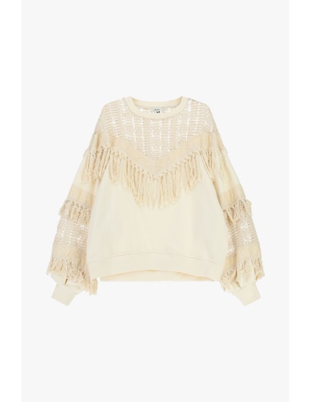 Sweatshirt met ronde hals, geperforeerde inzetstukken en franjes Dixie