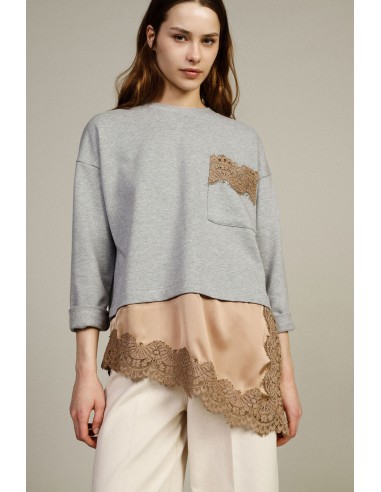 T-shirt met lange mouwen, zak en kanten rand Dixie