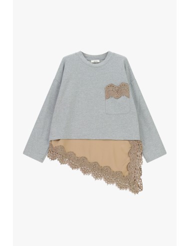 T-shirt à manches longues avec poche et bordure en dentelle Dixie