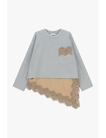 T-shirt à manches longues avec poche et bordure en dentelle Dixie