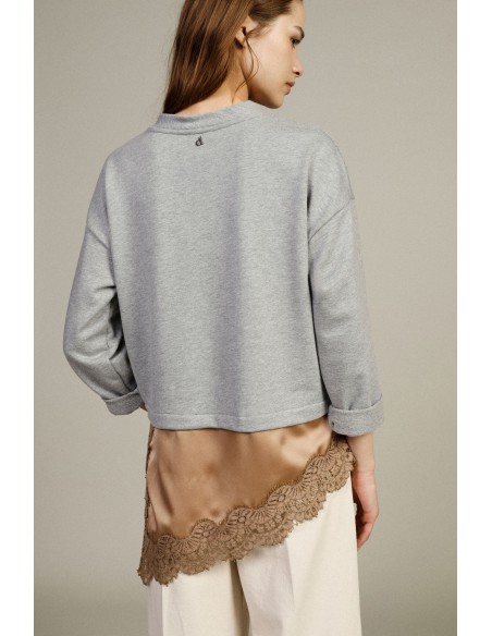 T-shirt à manches longues avec poche et bordure en dentelle Dixie