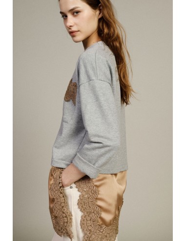 T-shirt à manches longues avec poche et bordure en dentelle Dixie