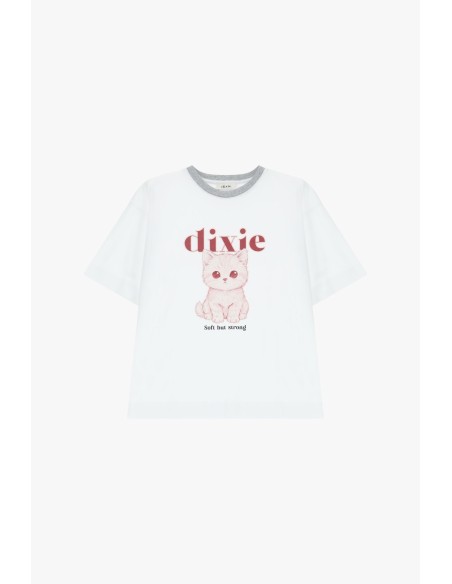 T-shirt à col rond avec imprimé chaton et inscription Dixie