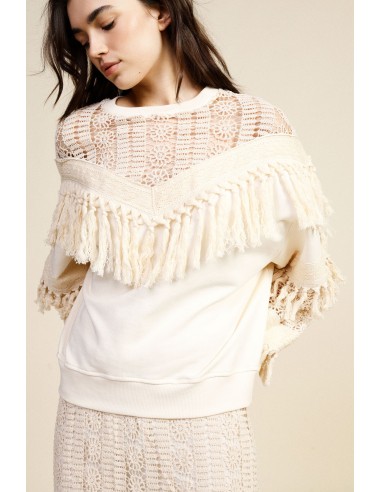 Sweatshirt met ronde hals, geperforeerde inzetstukken en franjes Dixie