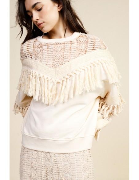 Sweatshirt met ronde hals, geperforeerde inzetstukken en franjes Dixie