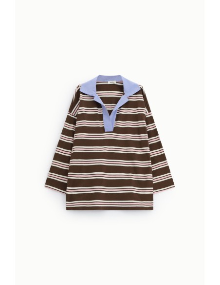 Dixie Striped T-Shirt With Wide Neck and Long Sleeves (T-shirt rayé à col large et manches longues)