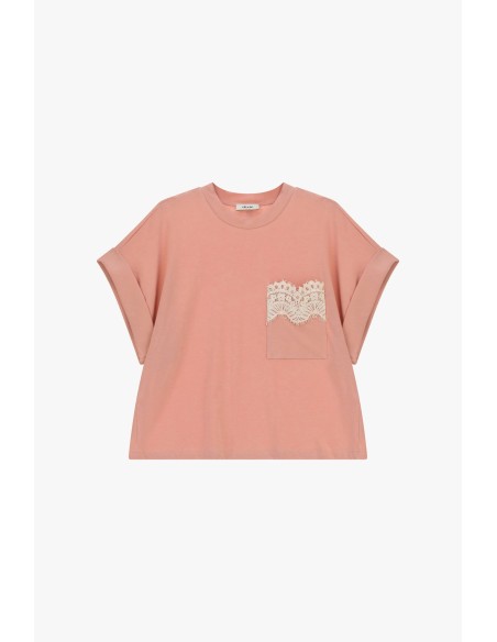 Dixie T-shirt met korte mouwen, borstzakje en kanten detail