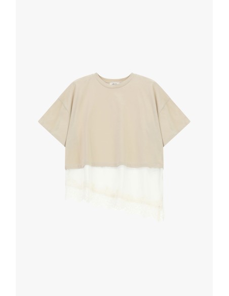 T-shirt met asymmetrische onderkant en kanten detail Dixie