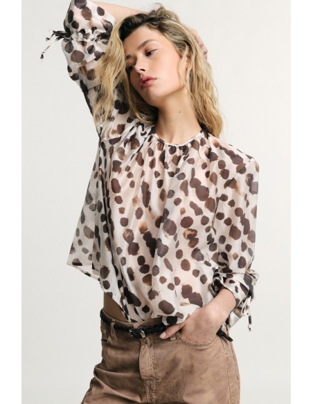 Blouse ample à imprimé pois, manches longues avec liens Erotiske