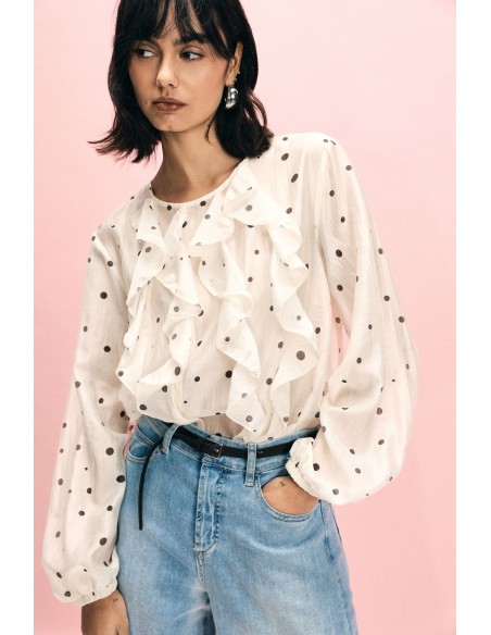 Stippenblouse met volant en lange mouwen, alstublieft
