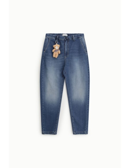 Balloon fit-jeans met hoge taille en teddybeersleutelhanger Please