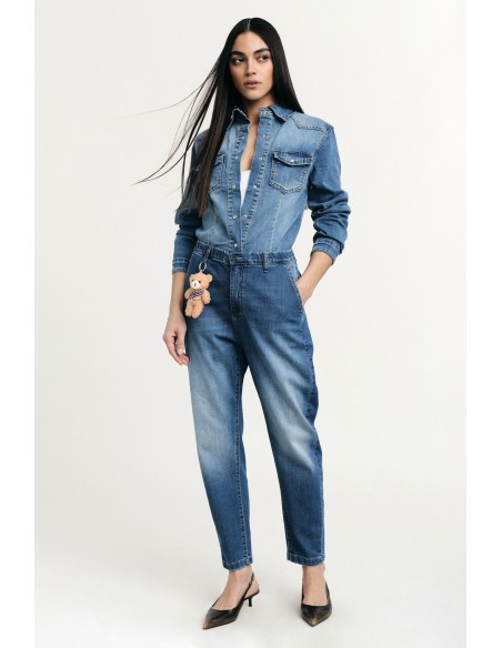 Balloon fit-jeans met hoge taille en teddybeersleutelhanger Please