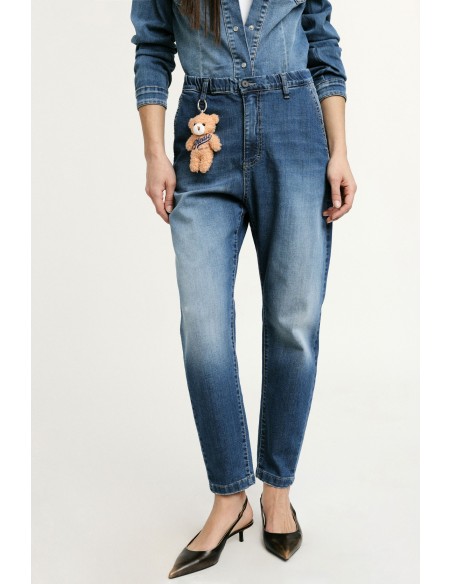 Balloon fit-jeans met hoge taille en teddybeersleutelhanger Please