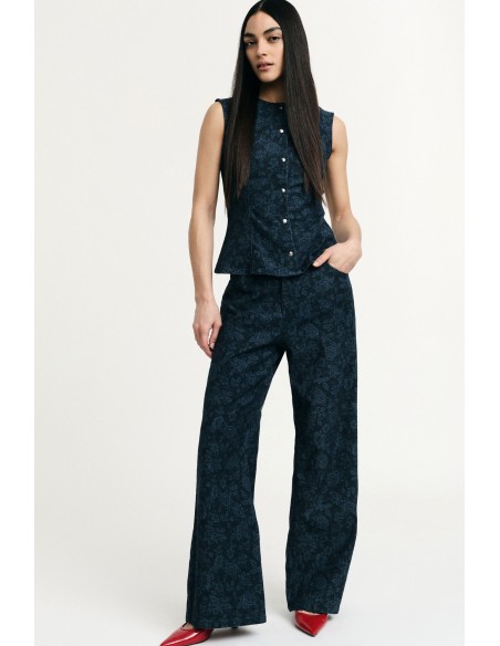 Jeans met wijde pijpen, bloemenprint en hoge taille, alstublieft