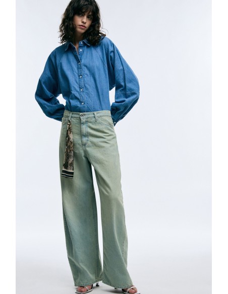 High-waisted wide-leg jeans met washed-effect Please