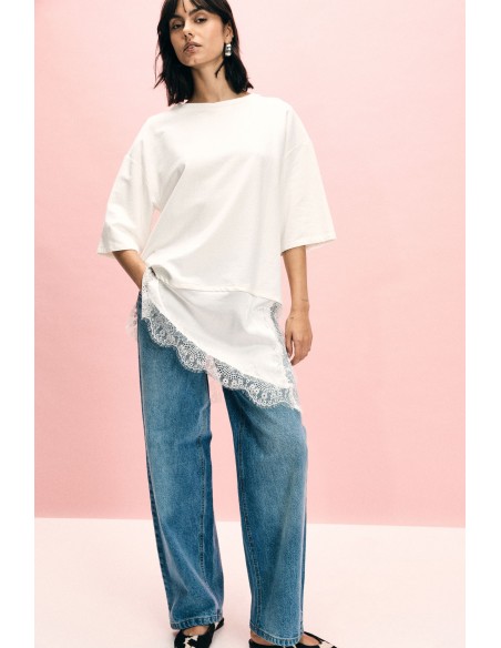 Top asymétrique avec bordure en dentelle contrastée Please
