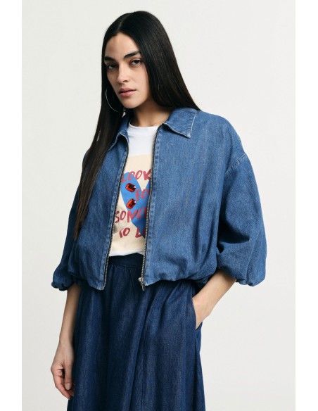 Veste en jean courte avec fermeture éclair et manches ballon Please