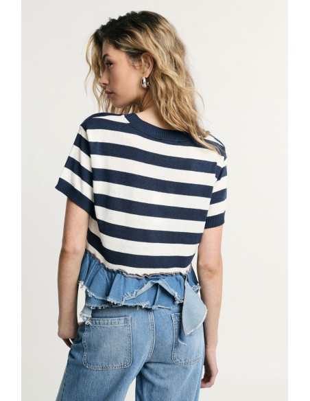 T-shirt court à rayures avec bordures à franges Please