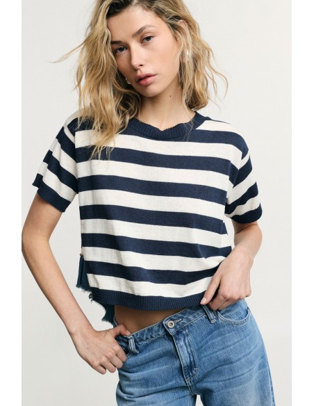 T-shirt court à rayures avec bordures à franges Please