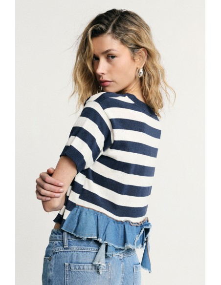T-shirt court à rayures avec bordures à franges Please