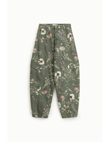 Pantalon cargo à imprimé floral, taille haute, poches latérales.