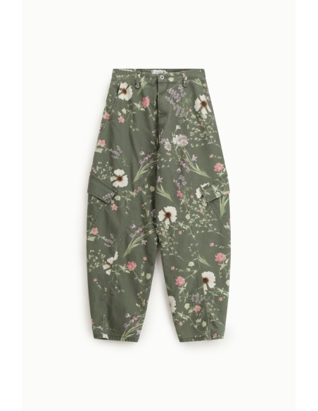 Pantalon cargo à imprimé floral, taille haute, poches latérales.