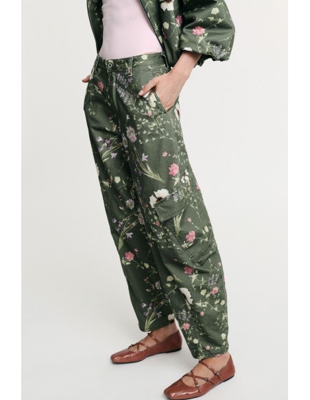 Cargo broek met bloemenprint, hoge taille, zijzakken Please