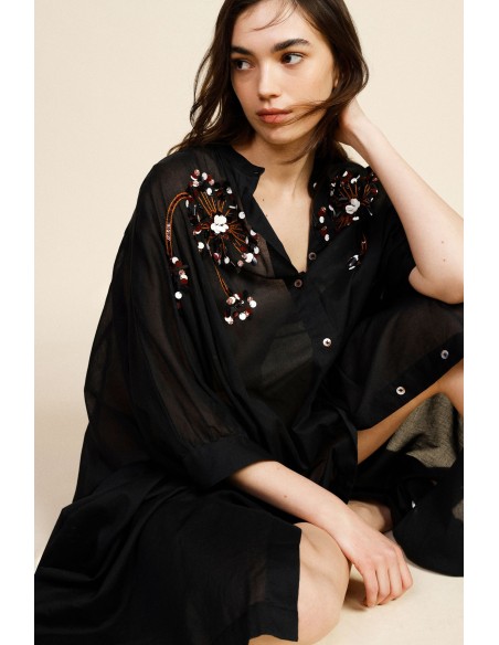 Robe midi à manches trois quarts, broderie florale Dixie