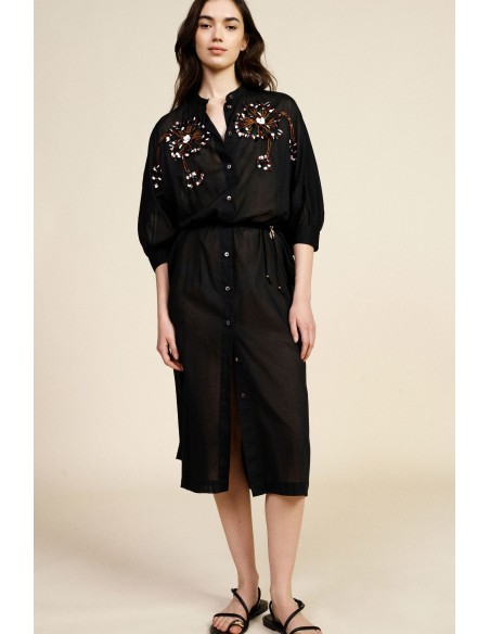 Robe midi à manches trois quarts, broderie florale Dixie