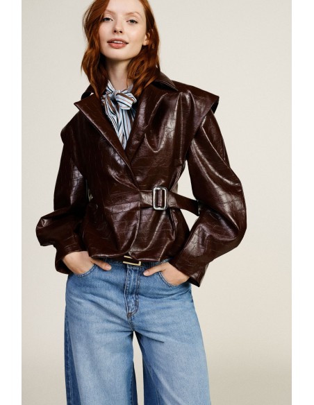 Veste en similicuir avec ceinture et épaules larges Dixie