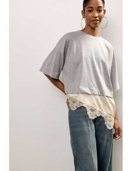 Dixie T-shirt met korte mouwen, asymmetrische zoom en kant