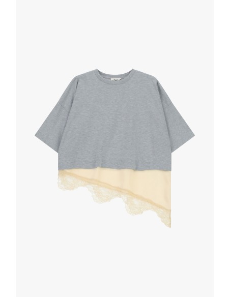 T-shirt à manches courtes avec bord asymétrique et dentelle Dixie